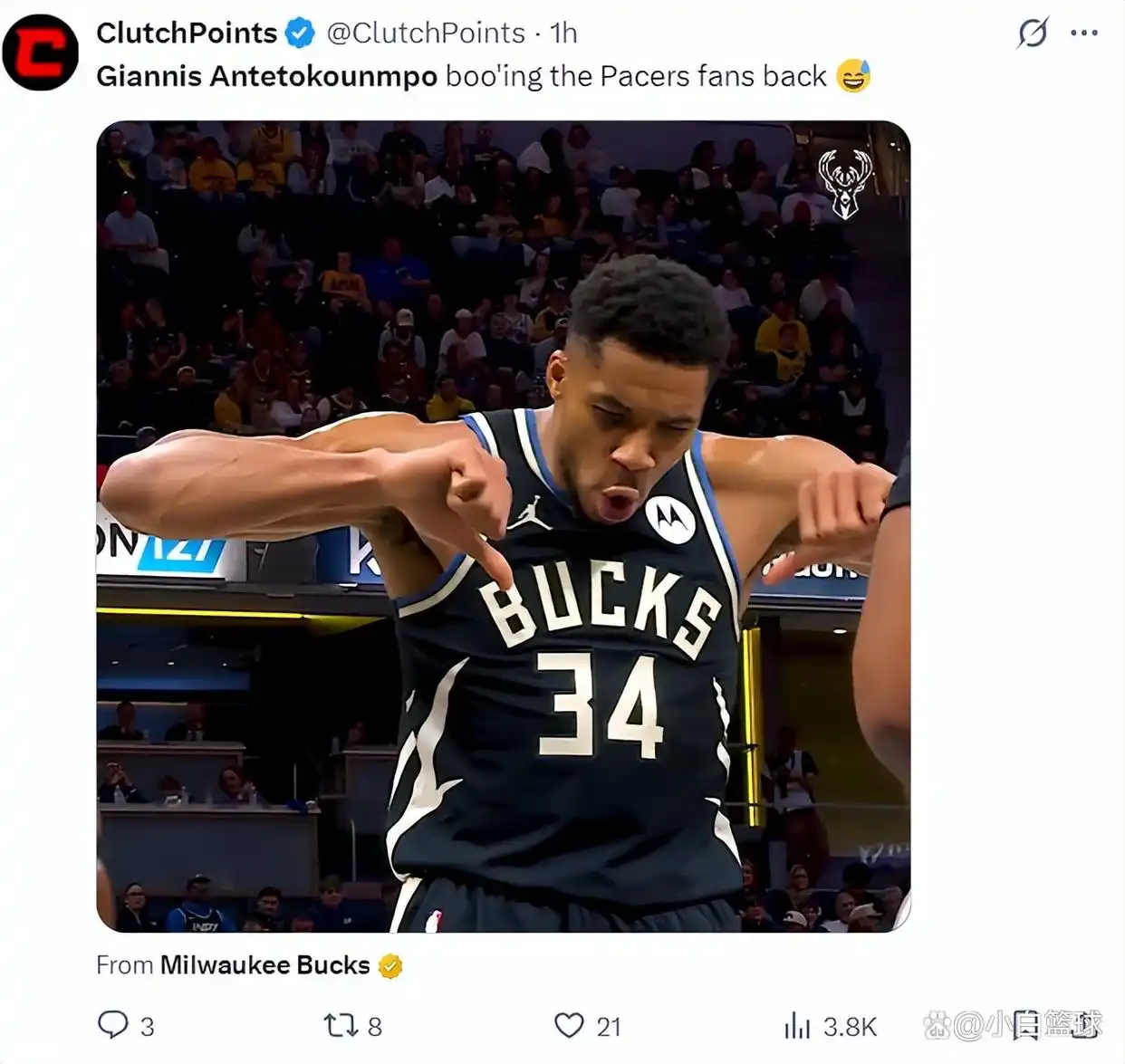 扬尼斯雄鹿绝杀步行者_字母哥33+13送压哨绝杀 雄鹿客场险胜步行者_字母哥高光表现数据