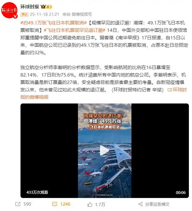 中国航空公司取消赴日机票数量_中国赴日旅游团体取消情况_超54万张飞往日本机票被取消