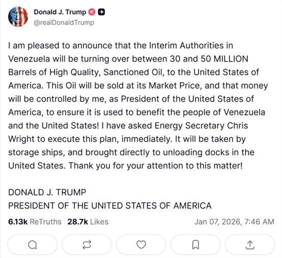 特朗普：委内瑞拉将向美国移交多达5000万桶石油