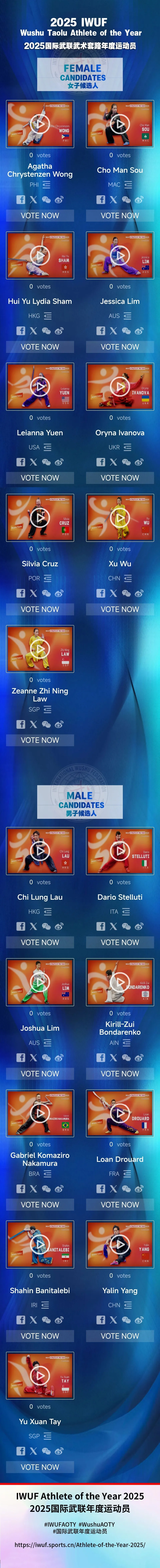 国际武联2025传统武术年度新星候选人介绍，快为喜欢的运动员投票吧！
