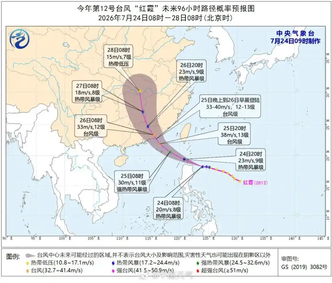 台风红霞最新路径_中央气象台台风预警信息_台风红霞登陆路径预报