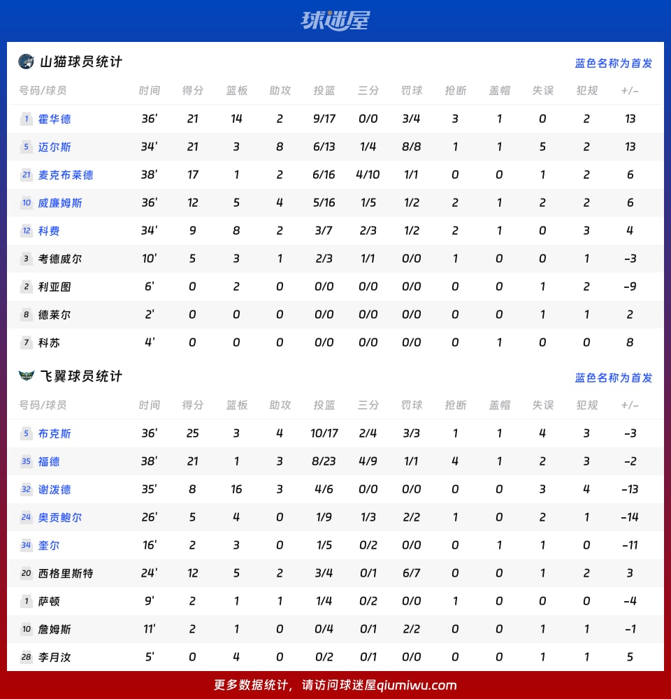 山猫vs飞翼球员数据