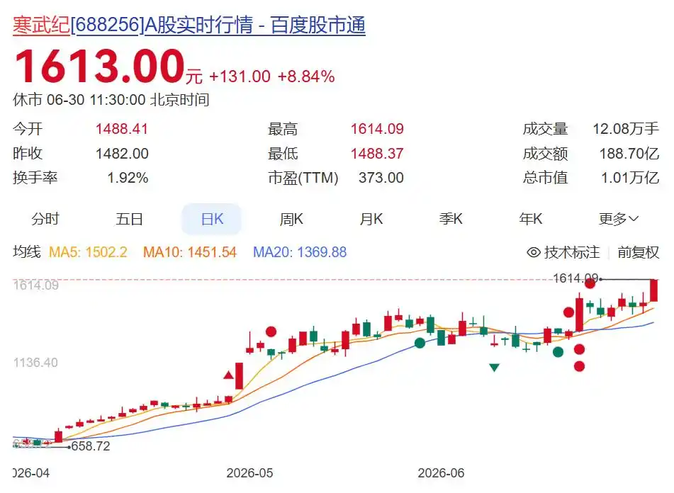 寒武纪股价突破1600元_寒武纪总市值突破1万亿元_寒武纪大涨 市值突破1万亿元创纪录
